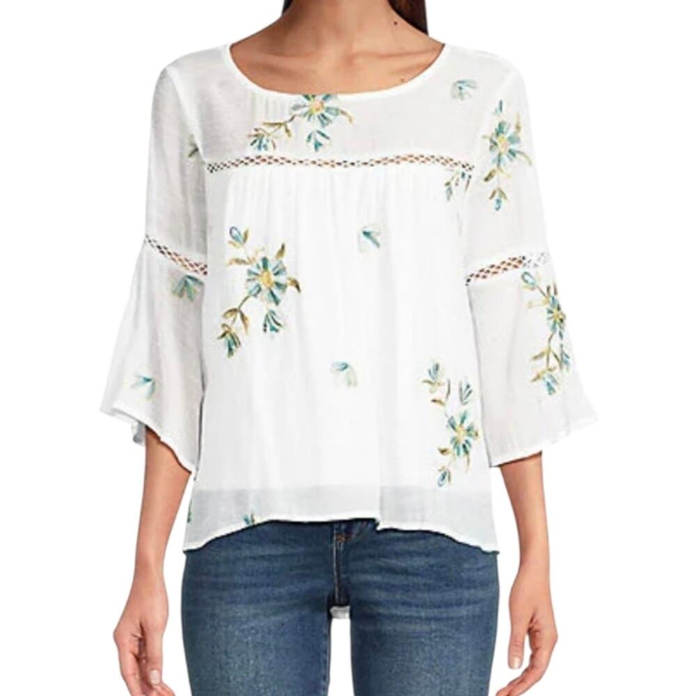 Anthropogenic x Fig & Flower Floral Embroidered White Green Blouse Plus Size 3X